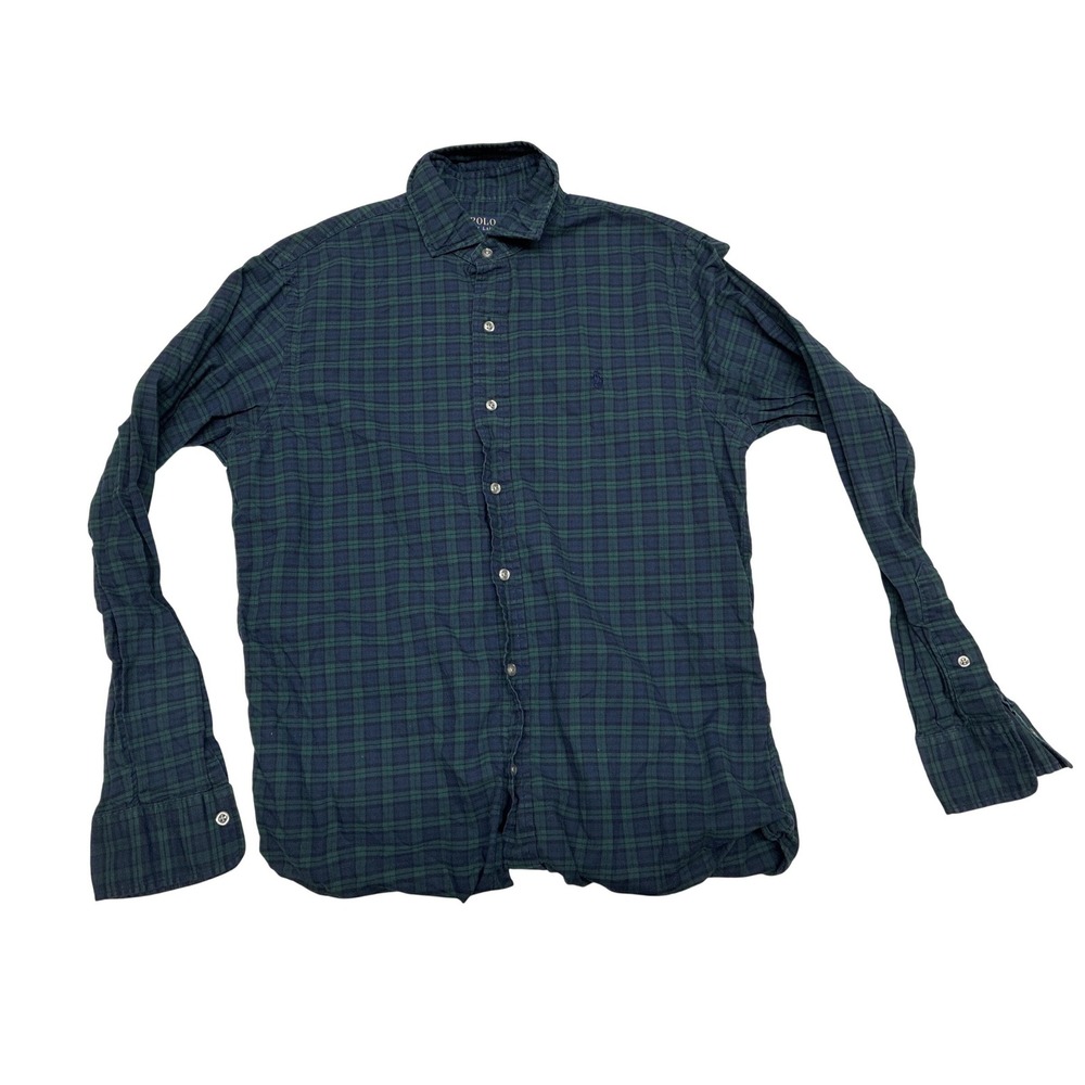Polo Ralph Lauren Slim Fit Blackwatch Plaid Flannel Shirt Mens Medium Navy Green